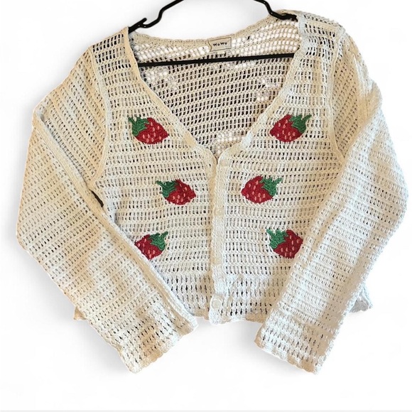 Wolven Cream Cardigan with Red Strawberry Accents - Picture 1 of 1